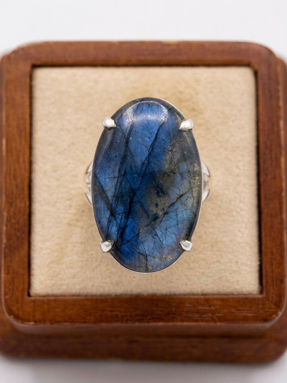 Natural Blue Labradorite Statement Silver Ring Large Oval Stone Flashy Gemstone